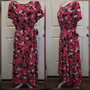 Lane Bryant Dress Long Hot Pink Black Floral Print Tropical Size 18 Aloha Sexy